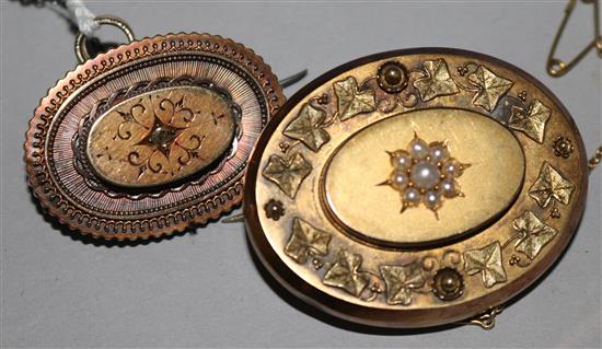 Two Victorian gold oval brooches, one set with seed pearls, the other with rose cut diamond, largest 1.75in.